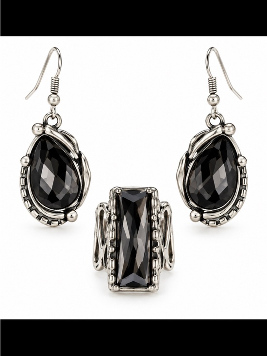 Source Unknown Jewelry - Avens Boho set Of Black Gemstone Earrings and Ring NEW